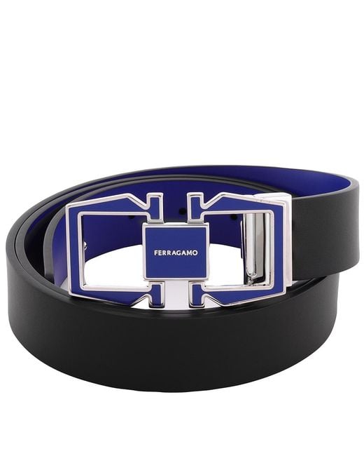 Ferragamo Blue Reversible Gancini Leather Belt for men