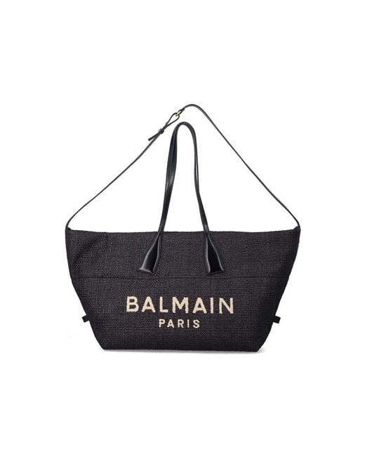 Balmain Black Track Tote Raffia Medium