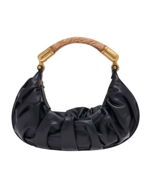 Balmain Black Gathered Calfskin Hobo Bag