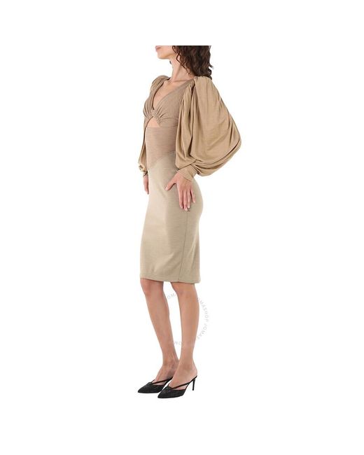 Burberry Natural Pecan Melange Panelled Wool Silk Jersey Dress