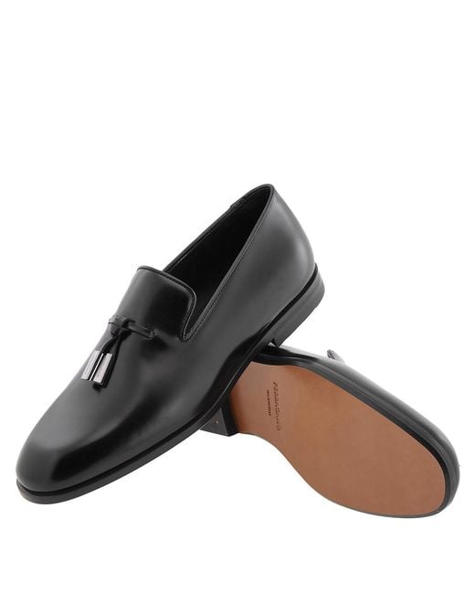 Ferragamo Black Ferragamo Smooth Leather Tassel Loafers, Size 7 Eee for men