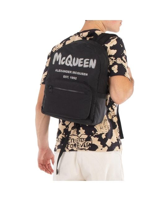 McQueen Black Graffiti Logo-Print Backpack for men