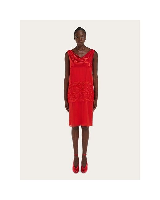 Ferragamo Red Silk Lace Dress, Brand Size 38 (Us