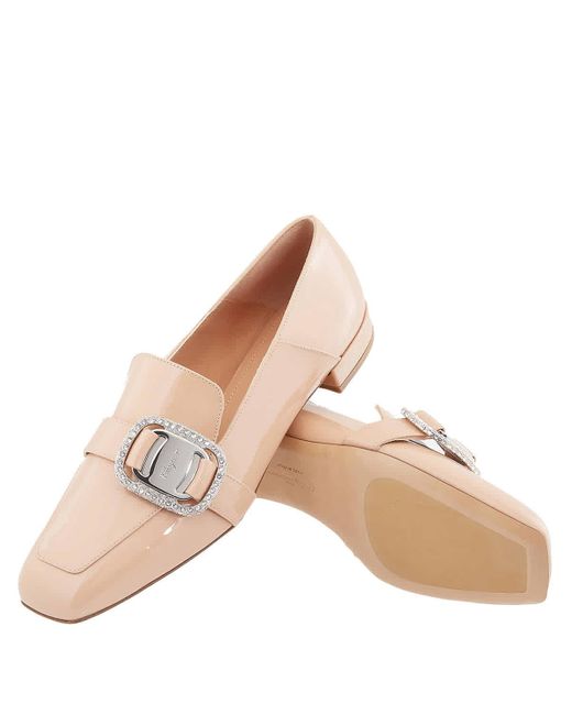 Ferragamo Natural Beige Patent Leather Vara Chain Loafers
