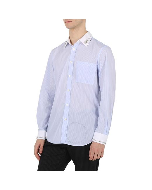 Burberry Blue Pale Camberwell Classic Fit Embellished Pinstriped Cotton Shirt for men