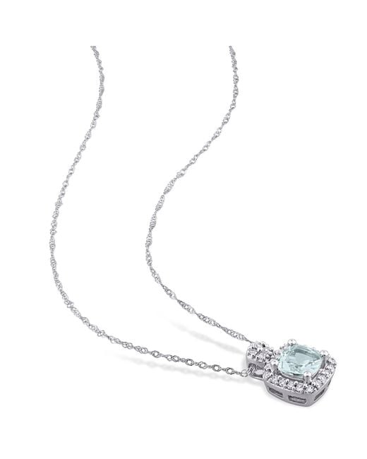 Amour Blue Cushion Cut Aquamarine And 1/10 Ct Tw Diamond Pendant With Chain