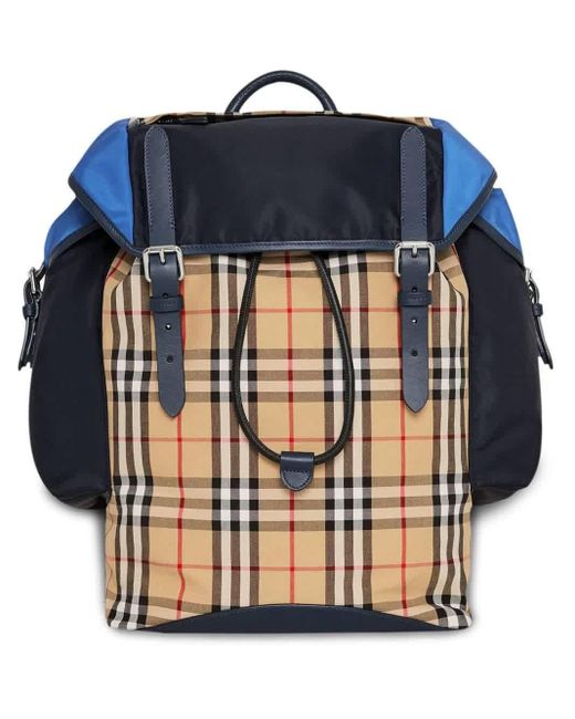 Burberry Blue Colour Block Vintage Check And Leather Backpack for men