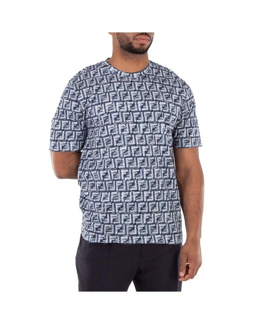 Fendi All-Over Logo Print Crew Neck T-Shirt in Blue for Men