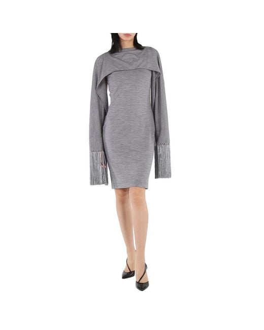 Burberry Gray Cloud Merino Wool Sleeveless Dress With Fringed Capelet, Brand Size 4 (Us