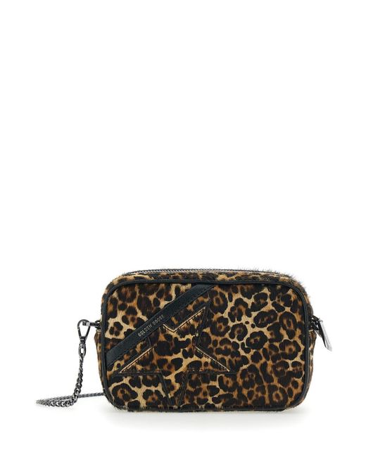Golden Goose Deluxe Brand Gray Crossbody Bag With Star Patch On The Front And Fur Texture