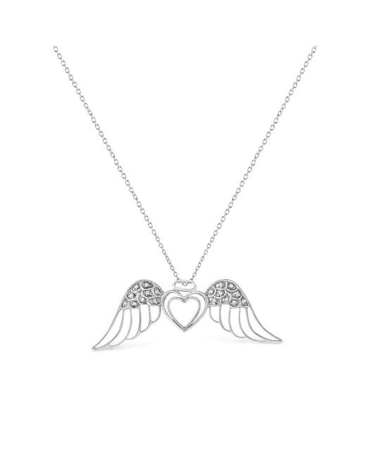 Haus of Brilliance Metallic .925 Sterling Silver Pave-set Diamond Accent Angel Wing 18'' Double Heart Pendant Necklace