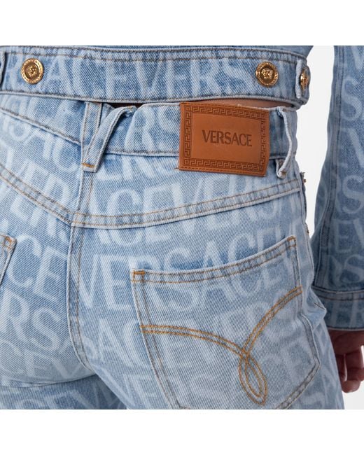 Versace Blue All Over Monogram Flare Denim Jeans, Waist