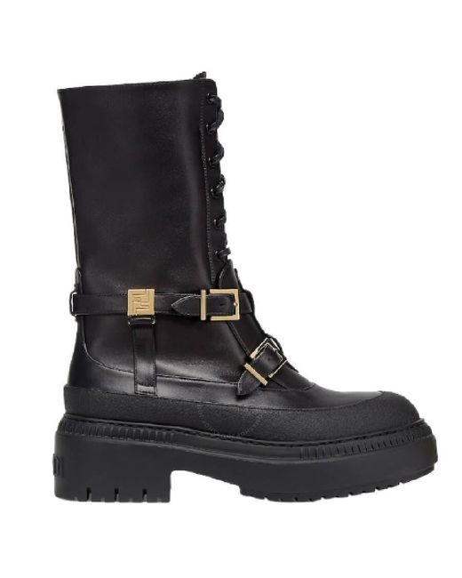 Fendi Black Logo Embossed Leather Bikers Boots, Brand Size 40 Us