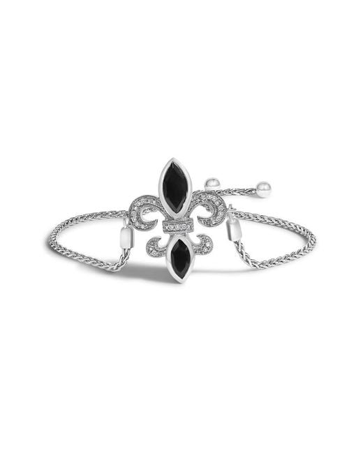 Haus of Brilliance Metallic Sterling Marquise Onyx And Diamond Accent Lariat Fleur De Lis Adjustable Bolo Bracelet