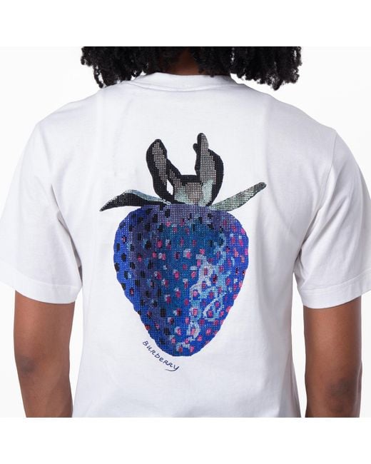 Burberry White Crystal Strawberry Embroidered Cotton T-Shirt for men