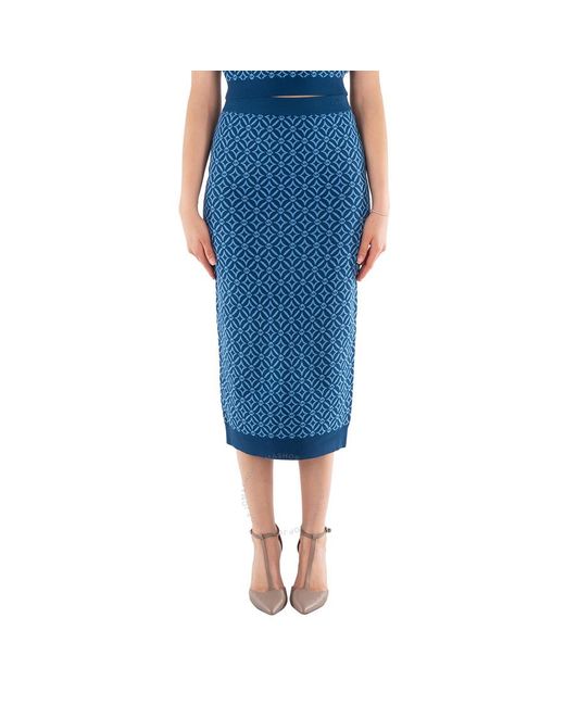 Michael Kors Blue Logo Jacquard Stretch Knit Pencil Skirt