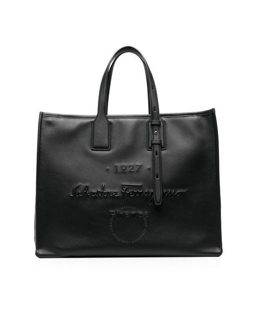 Ferragamo Black Eather Embossed Logo Tote Bag for men