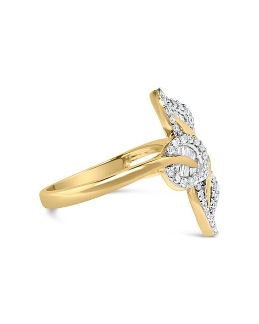Haus of Brilliance Metallic 18K Plated .925 Sterling 1/2 Ct Baguette & Round Diamond Bypass Triple Leaf Ring