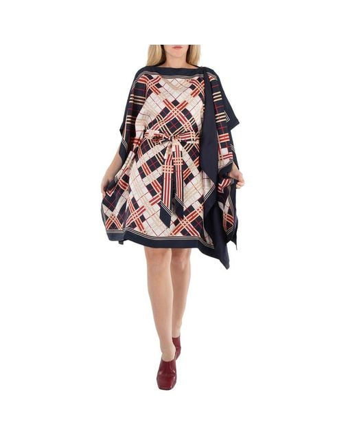 Burberry White Abstract Check Print Silk Belted Cape
