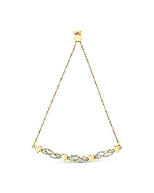 Haus of Brilliance Natural 14K Plated .925 Sterling 1/10 Cttw Diamond Wave And Hearts Bolo Bracelet (I-J Color, I2-I3 Clarity)