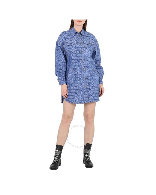 Moschino Blue Fantasy Print All-over Logo Long-sleeve Denim Shirt Dress