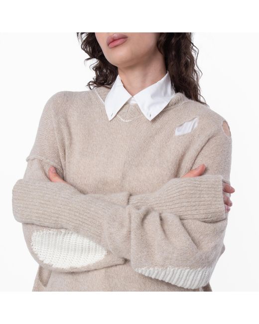 MM6 by Maison Margiela Natural Ladies Distressed-Effect Knitted Jumper