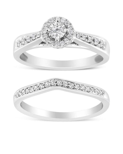 Haus of Brilliance Metallic 925 Sterling 1/3 Cttw Diamond Halo And Pave Shank Engagement Ring Set