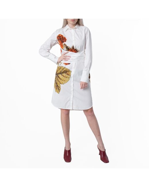 Ferragamo White Botanical Print Cotton Shirt Dress, Brand Size 40 Us