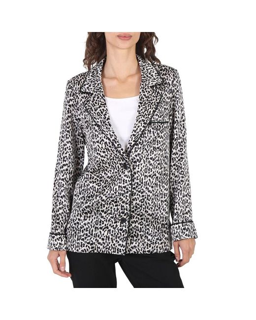 Saint Laurent Black Ladies Leopard-Pattern Silk Blazer, Brand Size 38