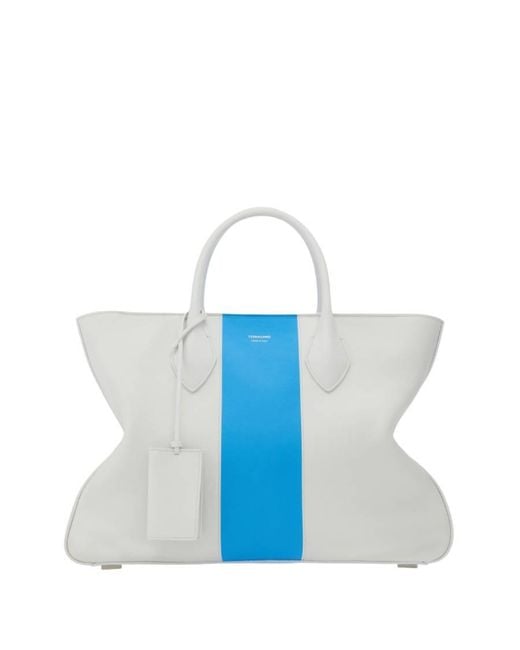 Ferragamo Blue Striped Leather Tote Bag