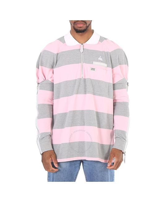Burberry Pink Long-sleeved Zip Detail Striped Polo Shirt for men