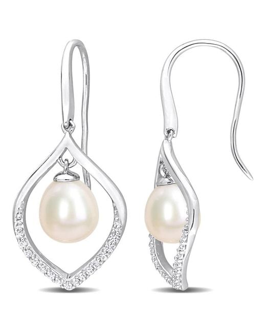 Amour Metallic 8-8.5Mm Freshwater Cultured Pearl And 1/3 Ct Tgw Sapphire Open Hook Earrings