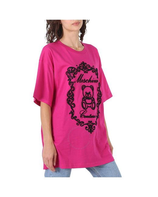 Moschino Pink Fantasy Print Violet Embroidered Teddy Logo T-shirt