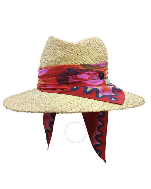 Maison Michel Red Natural Kate Scarf Raffia Straw Hat