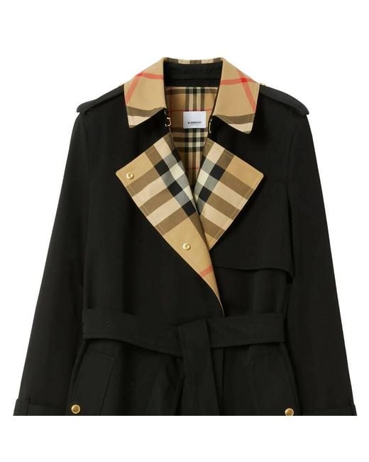 Burberry Black Check Panel Gabardine Trench Coat, Brand Size 6 Us