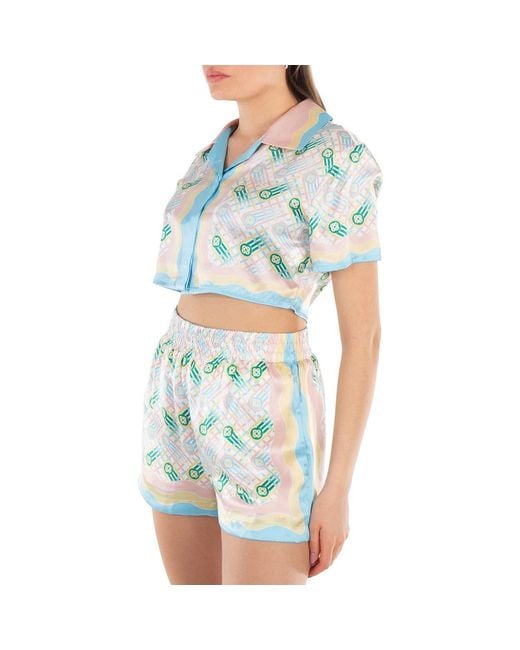 Casablanca Blue Ladies Ping Pong Silk Cropped Shirt