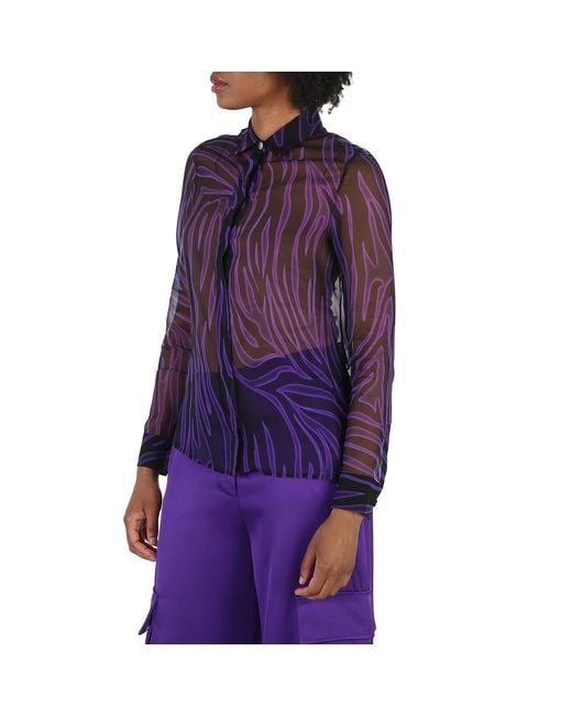 Versace Purple Ladies Allover Long-Sleeve Sheer Silk Shirt