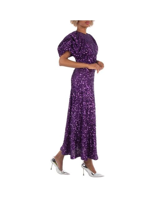 ROTATE BIRGER CHRISTENSEN Purple Puffed-sleeve Open-back Sequin Embellished Recycled-polyester Midi Dress