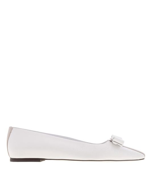 Ferragamo White Vara Bow Leather Ballet Flats