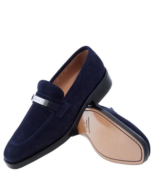 Ferragamo Blue Danny Ornament Suede Loafers for men