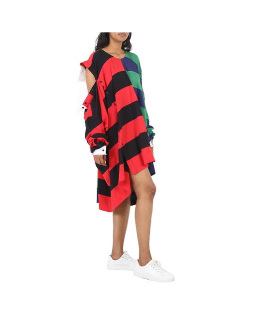 Burberry Red Striped Cotton Reconstructed Rugby Shirt Dress