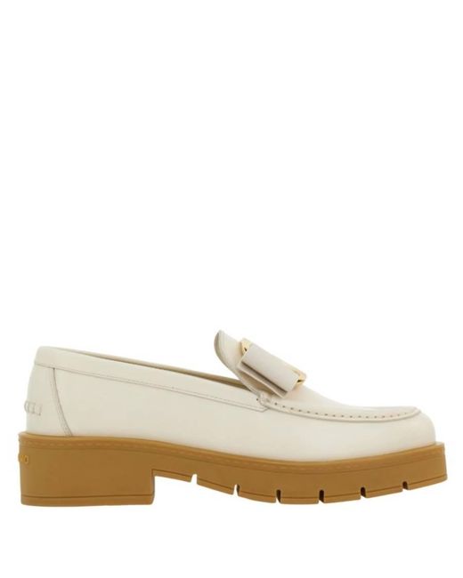 Ferragamo White Vara Bow Leather Loafers, Size 5.5