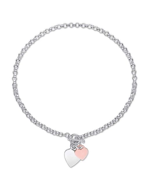 Amour Multicolor Oval Link Necklace With Double Heart Charm And Toggle Clasp