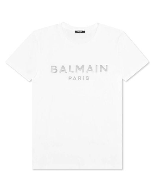 Balmain White Foil Logo Embossed T Shirt for men