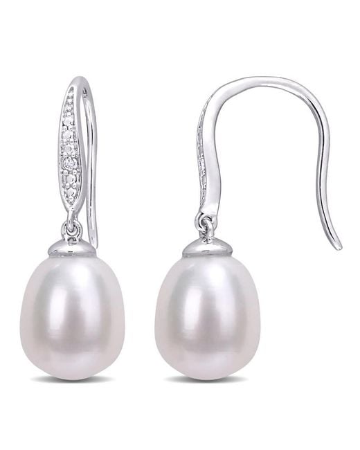Amour White 8.5-9Mm Freshwater Cultured Pearl And Diamond Accent Shepherd Hook Earrings