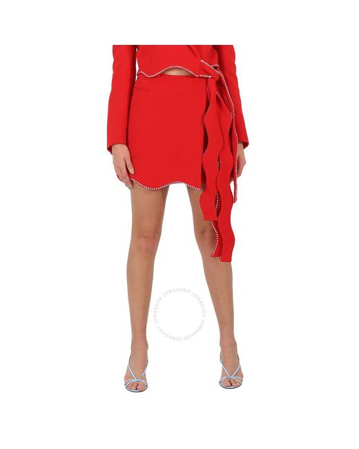 Mach & Mach Red Crystal Trimmed Wavy Wool Mini Skirt