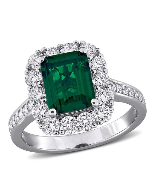 Created Forever Green 2 1/3Ct Tgw Created Emerald And 1 1/6Ct Tw Lab-Grown Diamond Halo Ring