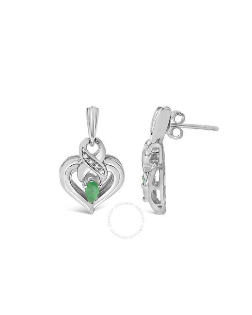 Haus of Brilliance Green .925 Sterling Silver 5x3mm Pear Emerald Gemstone With Diamond Accent Heart Dangle Stud Earrings