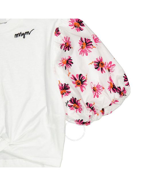 MSGM Pink Girls Bianco Floral Ruffle Sleeve Logo Cotton Shirt