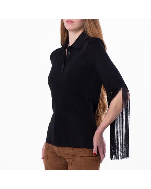 Ferragamo Black Ferragamo Long-Sleeved Fringe Polo Shirt
